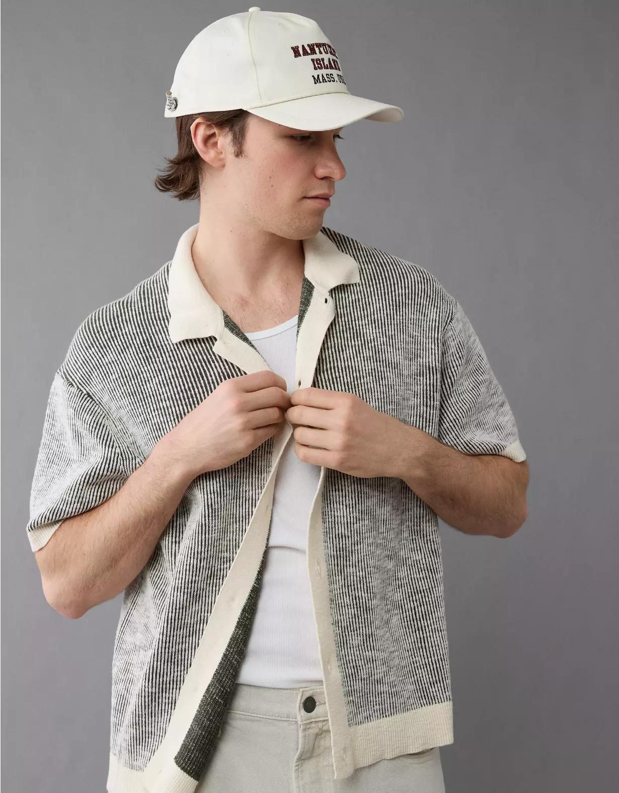 AE Weekend Striped Button-Up Sweater Polo Shirt Product Image