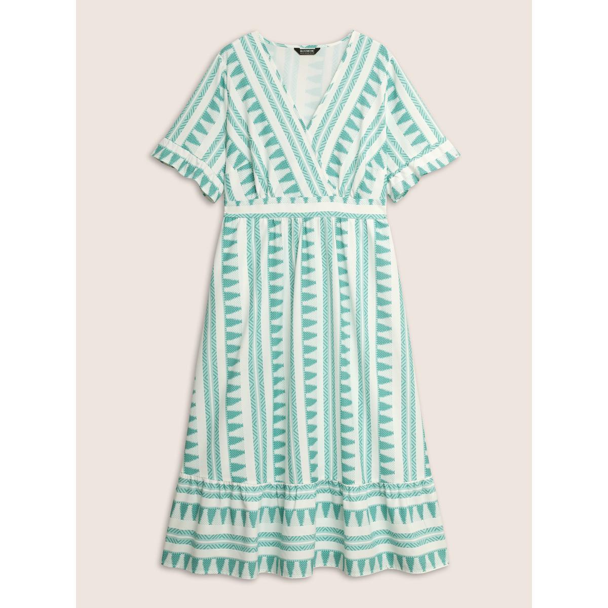 Plus Size Bandana Striped Overlap Collar Flutter Hem Dress Turquoise Women Resort Ruffles Overlap Collar Short sleeve Curvy BloomChic 28/5X Product Image
