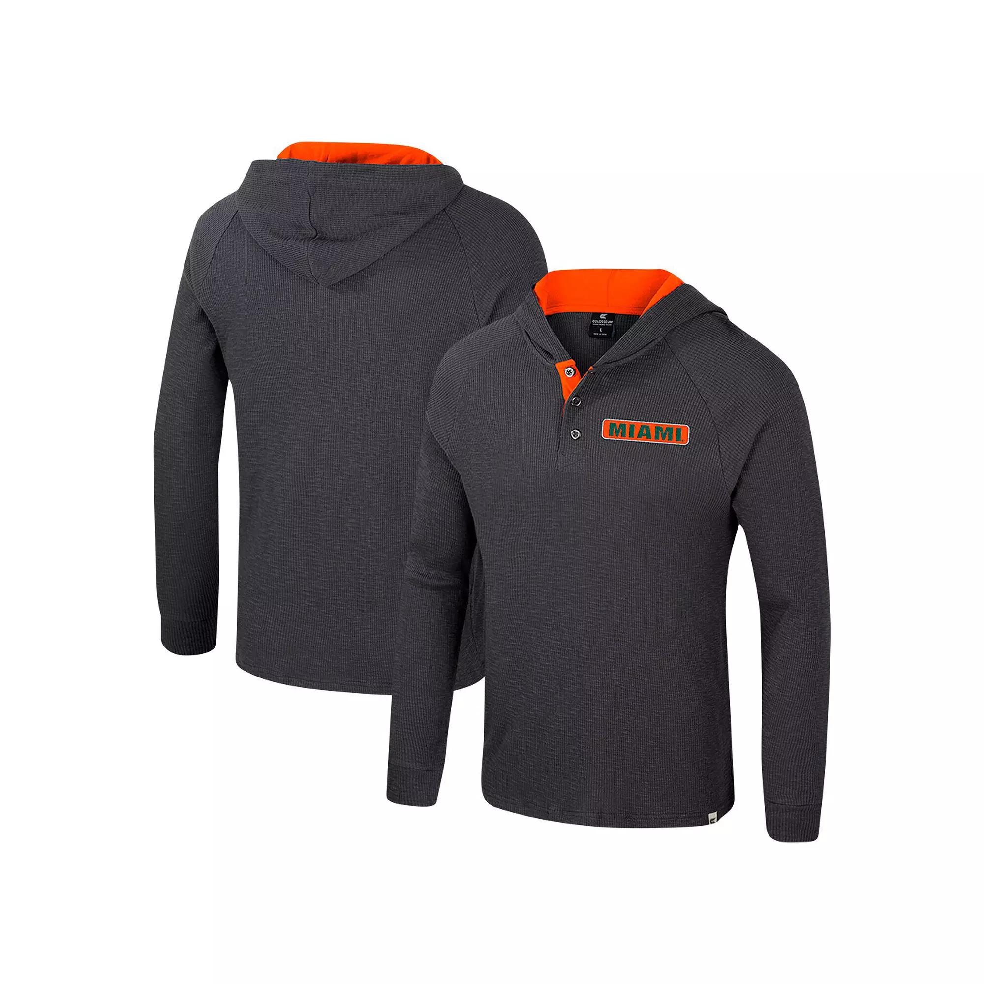 Men's Colosseum Charcoal Miami Hurricanes Dujour Ralgan Long Sleeve Henley Hoodie T-Shirt,  Product Image