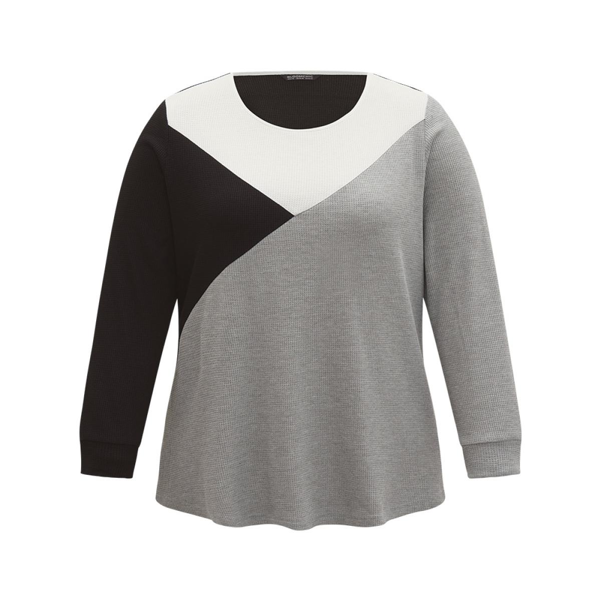 Plus Size Colorblock Contrast Crew Neck Long Sleeve T-shirt Multicolor Women Casual Elastic cuffs Plain Round Neck Dailywear T-shirts BloomChic 12/L Product Image
