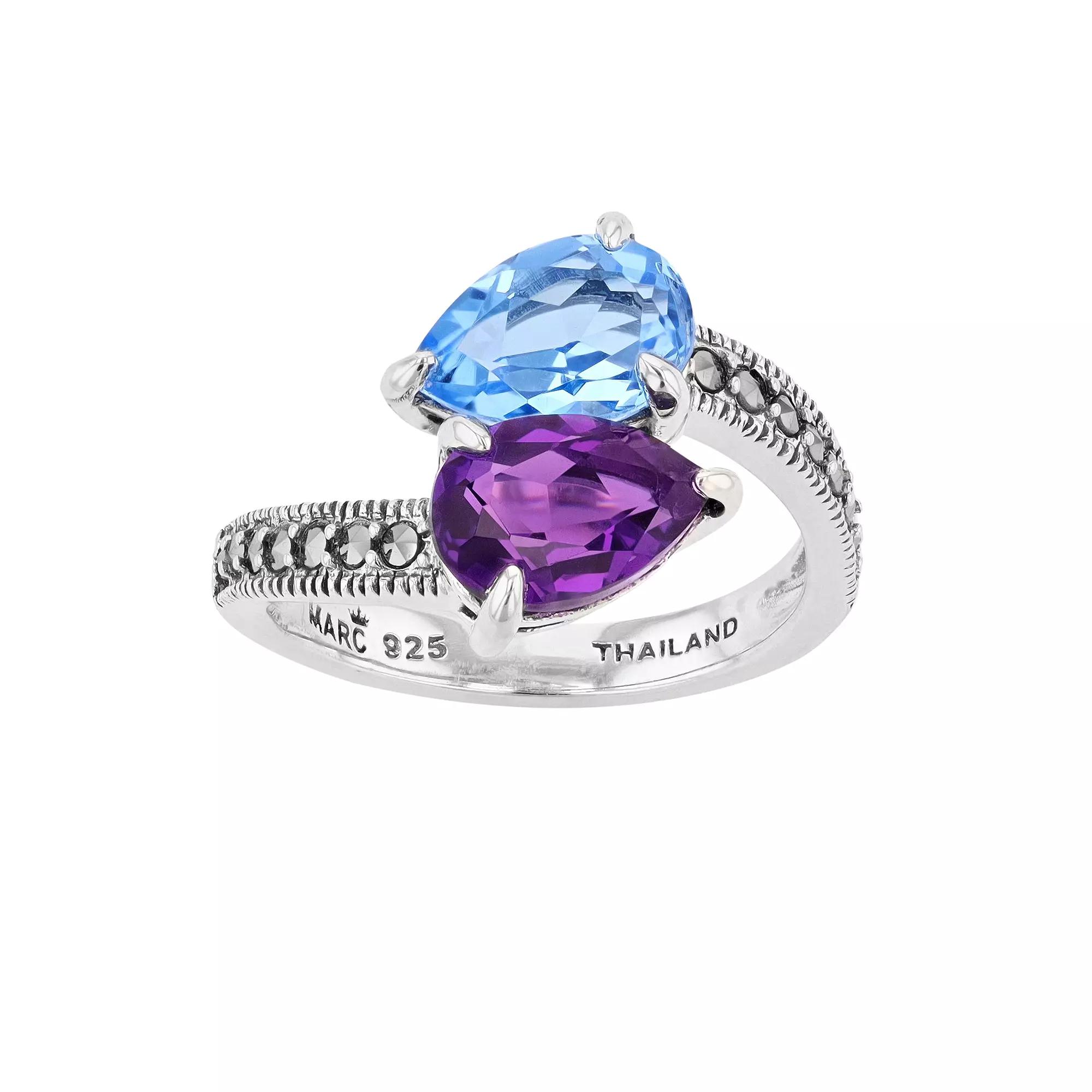 Lavish by TJM Sterling Silver Simulated Amethyst & Simulated Blue Quartz with Marcasite 2-stone Ring, Women's, Size: 9 Product Image