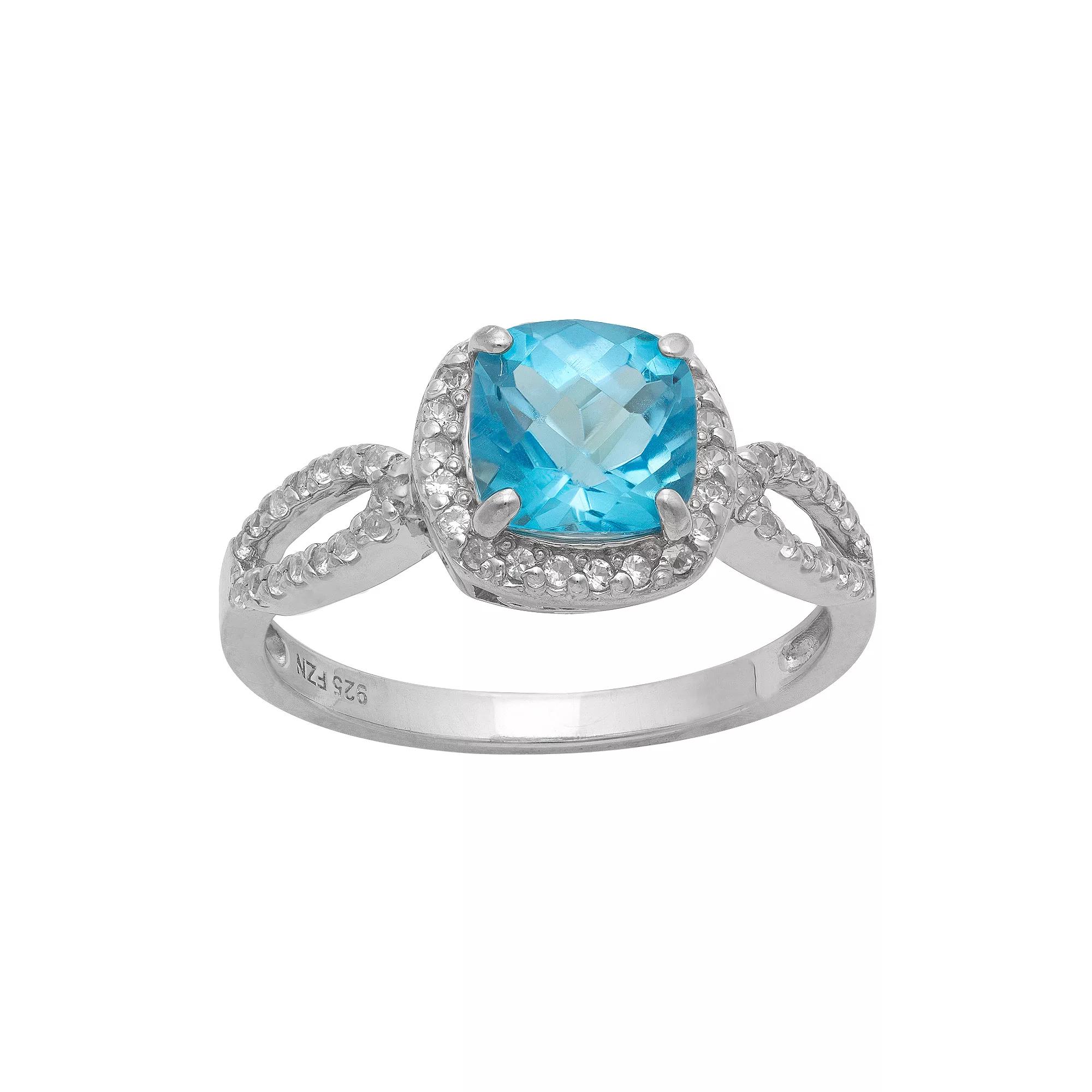 Sterling Silver Swiss Blue Topaz and Lab-Created White Sapphire Halo Ring, Women's, Size: 8, Multi Product Image