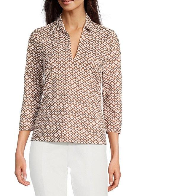 J.McLaughlin Aida Printed Catalina Cloth Split V-Neck 3/4 Sleeve Top Product Image