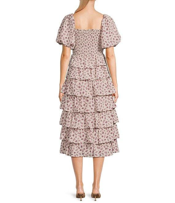 Midnight Doll Ditsy Floral Print Puff Sleeve Smocked Bodice Tiered Ruffle Midi Dress Product Image