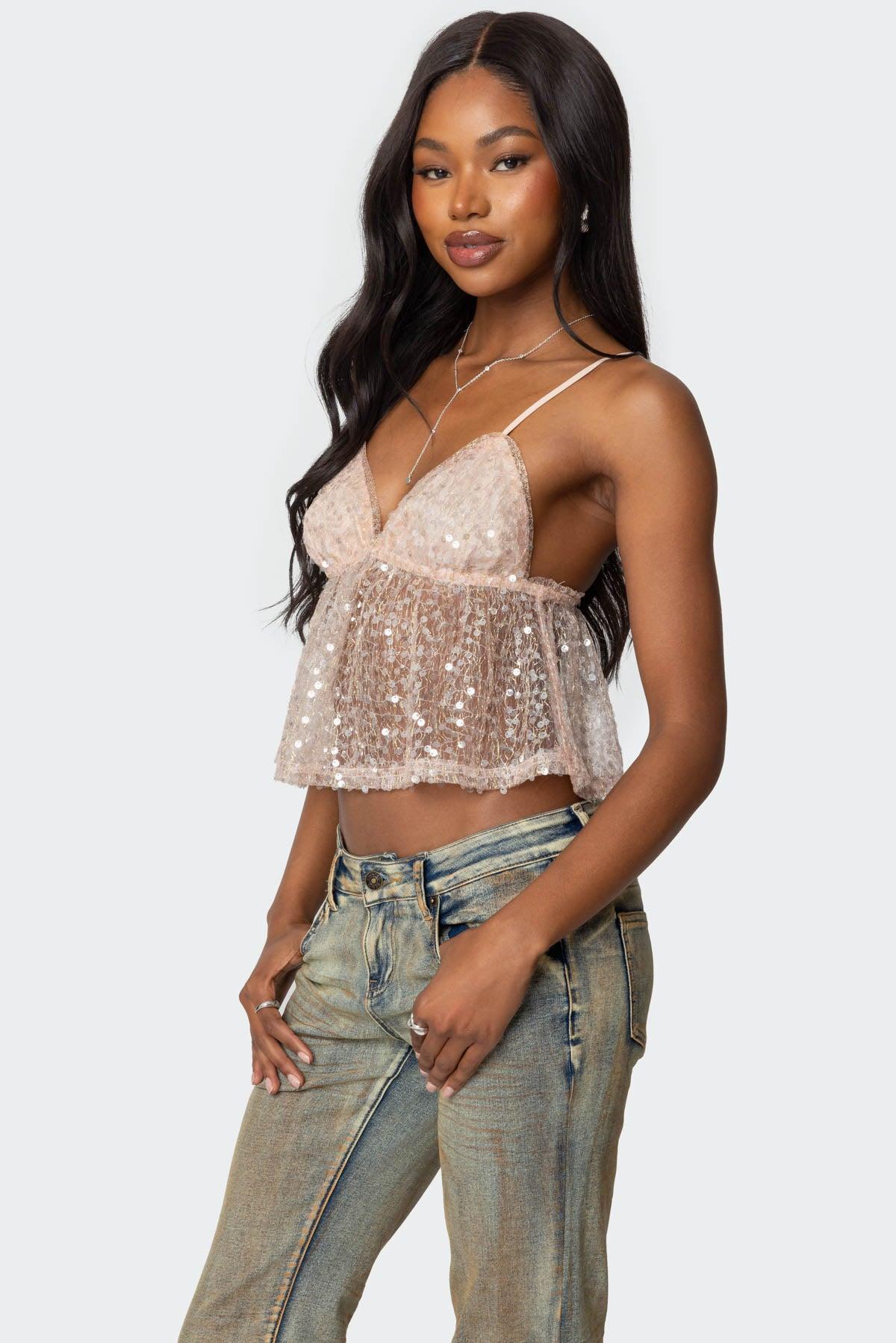 Sheer Sequin Babydoll Tank Top Product Image
