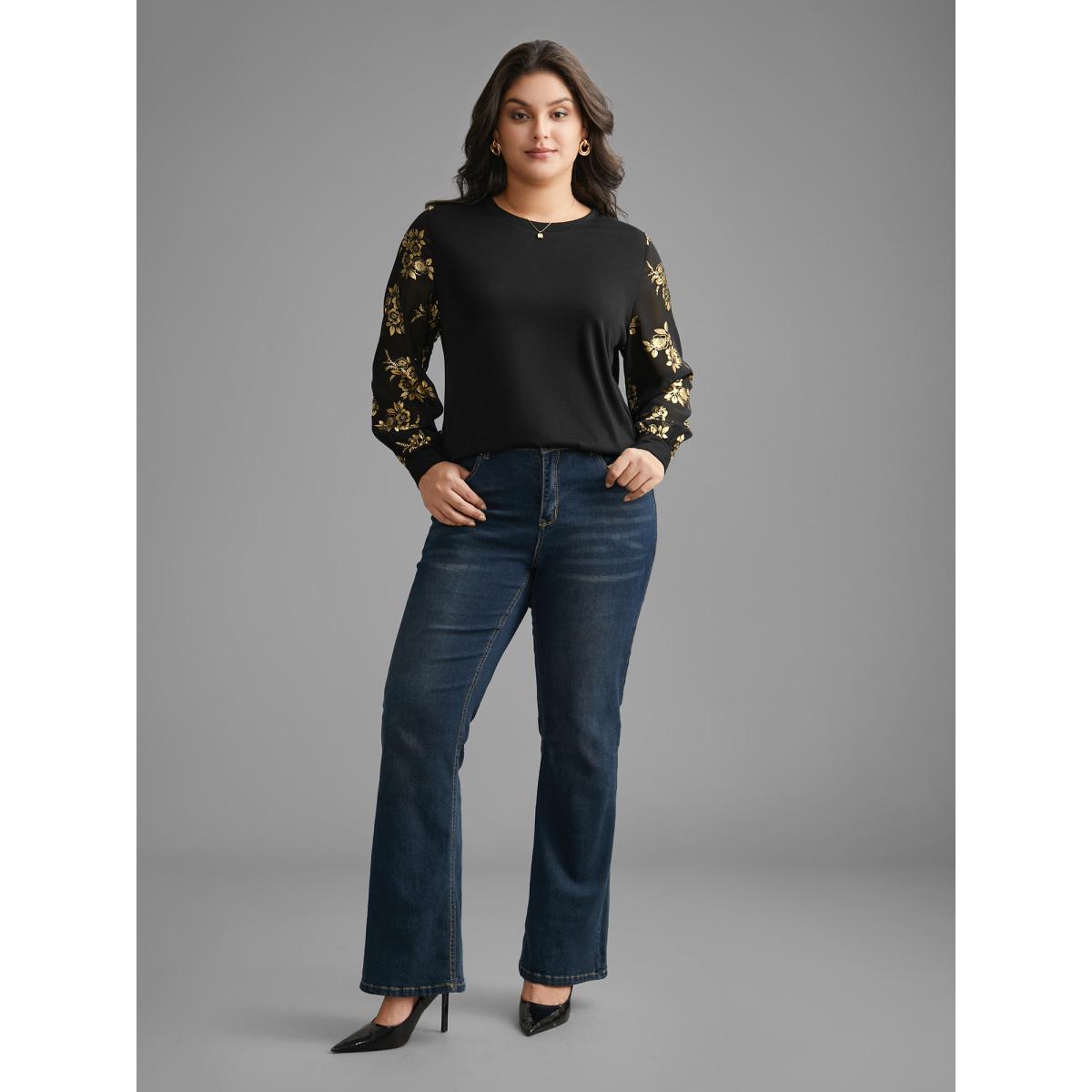 Plus Size Glitter Floral Patchwork Mesh T-shirt Black Women Elegant Contrast Natural Flowers Round Neck Everyday T-shirts BloomChic 30/6X Product Image