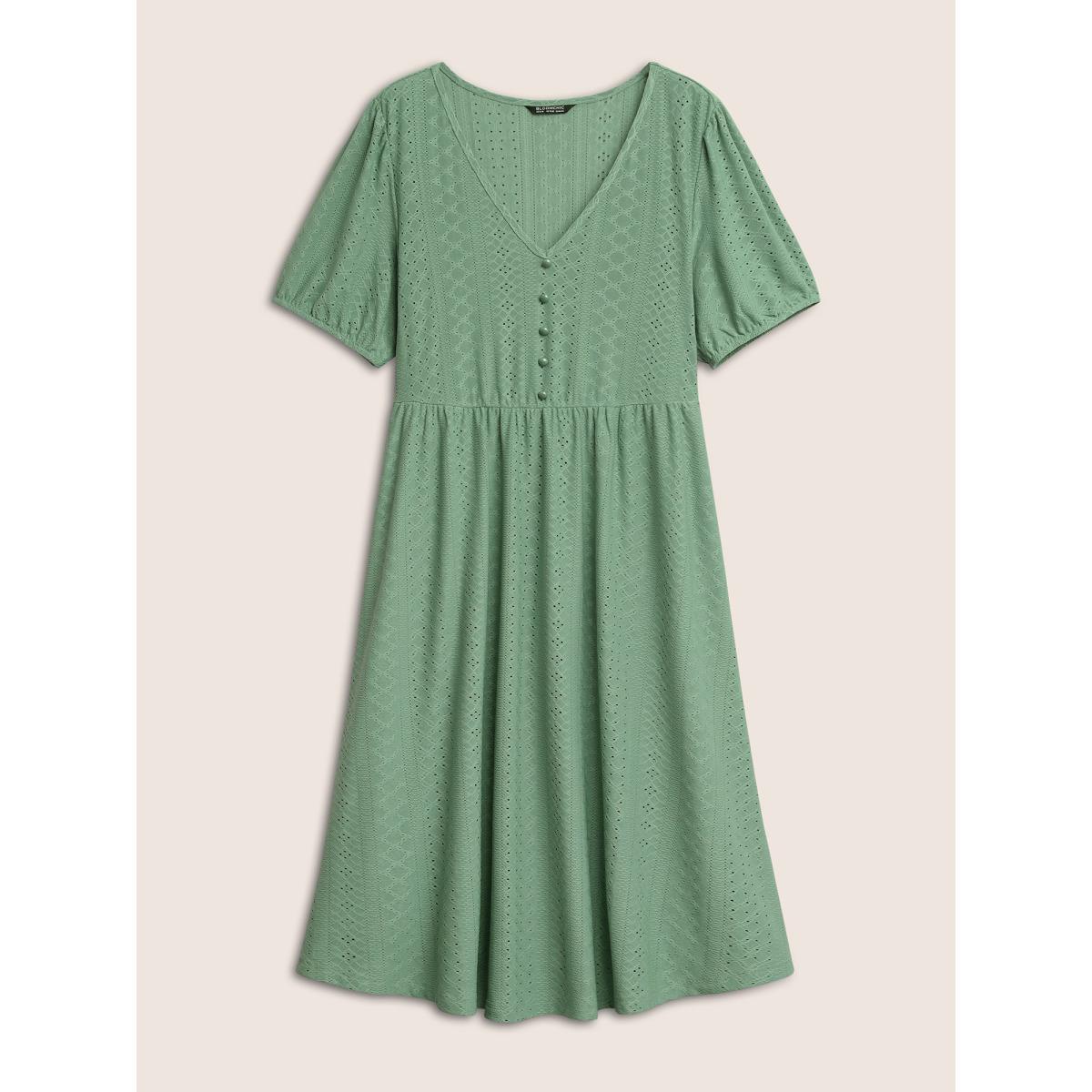 Plus Size Solid Hollow Out Button Detail Elastic Waist Dress Mint Women Elegant Non V-neck Short sleeve Curvy Midi Dress BloomChic 14-16/1X Product Image