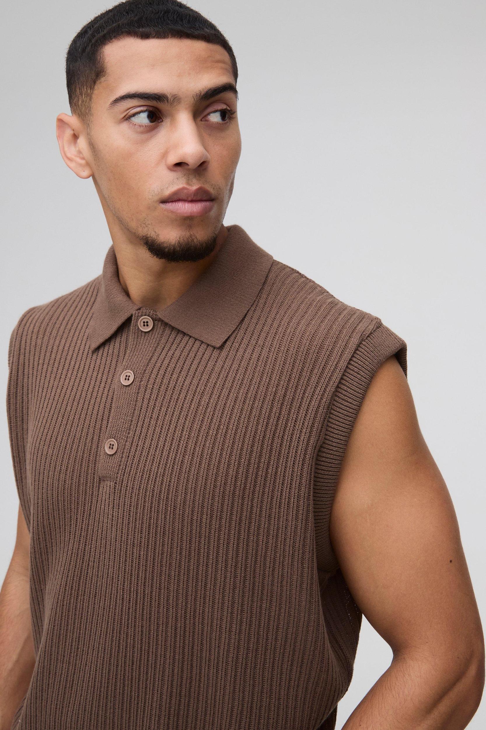 Oversized Boxy Collared Knitted Undershirt | boohooMAN USA Product Image