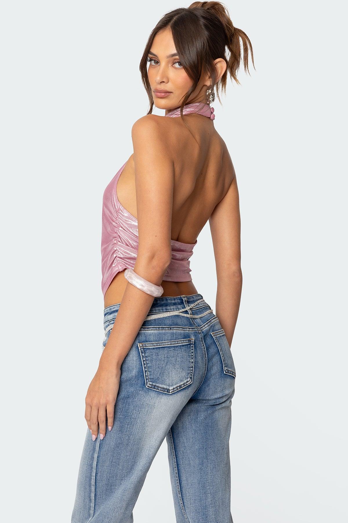 Shiny Backless Cowl Neck Top Product Image
