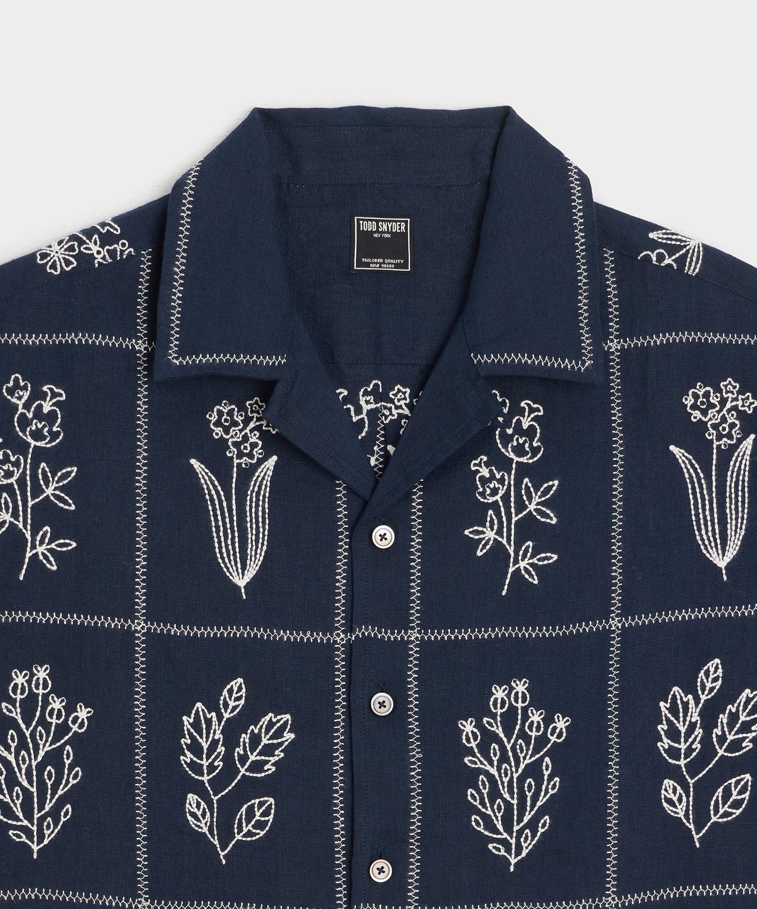 Cropped Embroidered Linen Camp Collar Shirt Product Image