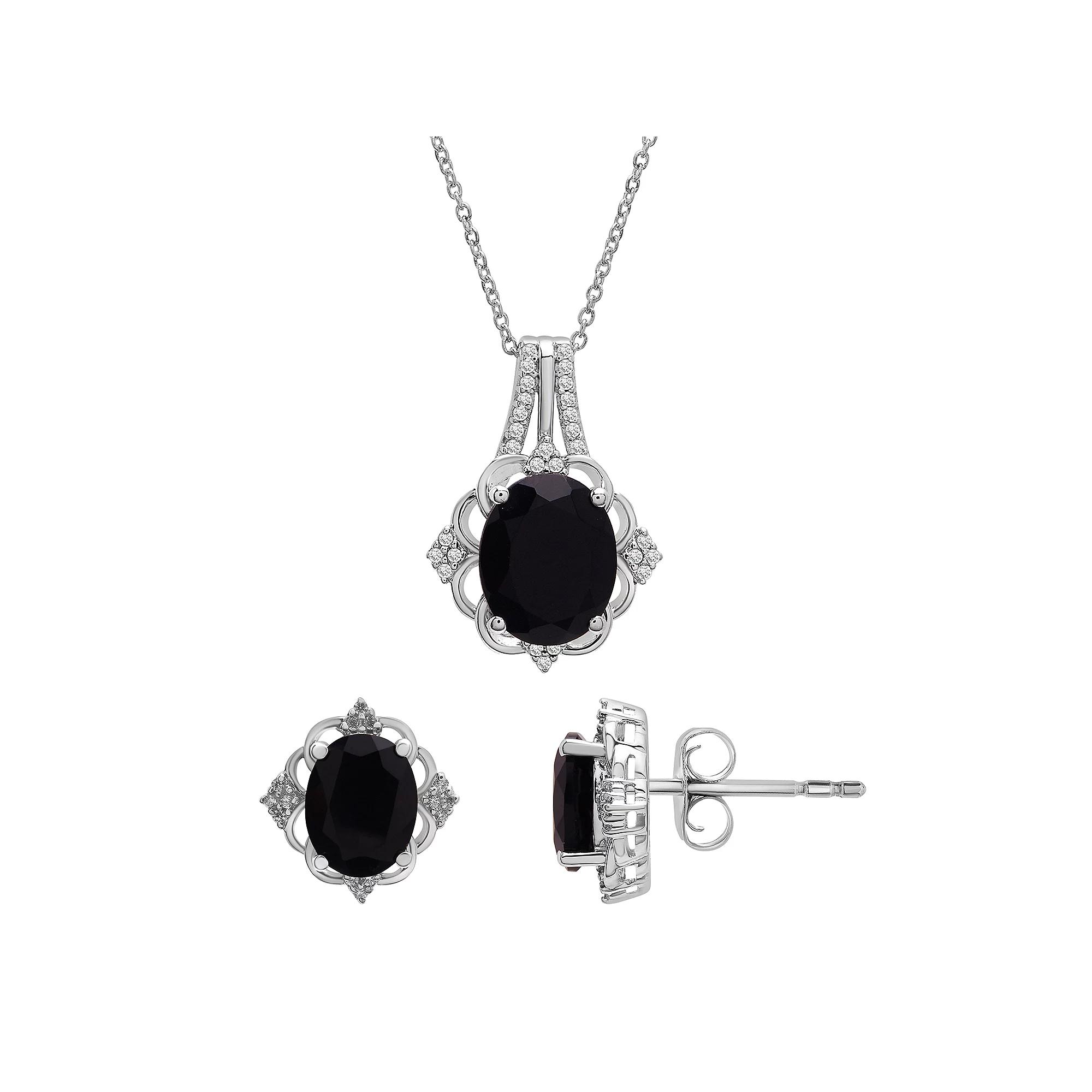 Sterling Silver 1/8 Carat T.W. Diamond & Onyx Pendant & Earring Set, Women's, Size: 18" Product Image