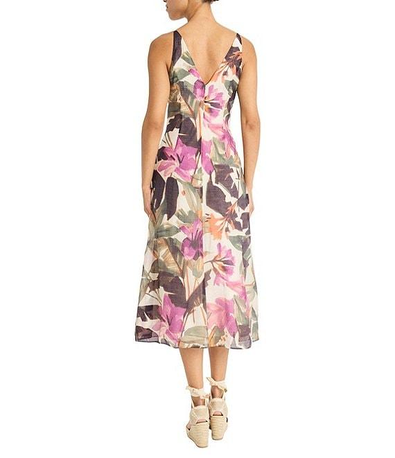 Maggy London Double V-neck Sleeveless Floral Tropical Printed Voile Midi Dress Product Image