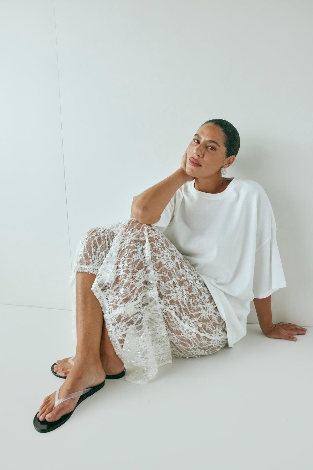 Devyn Sequin Midi Skirt White Product Image