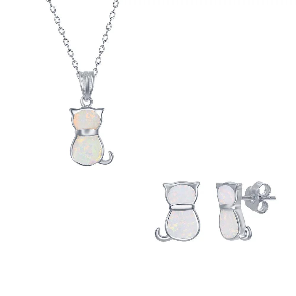 Sterling Silver Lab-Created Opal Cat Necklace & Earrings Set, Womens White Product Image