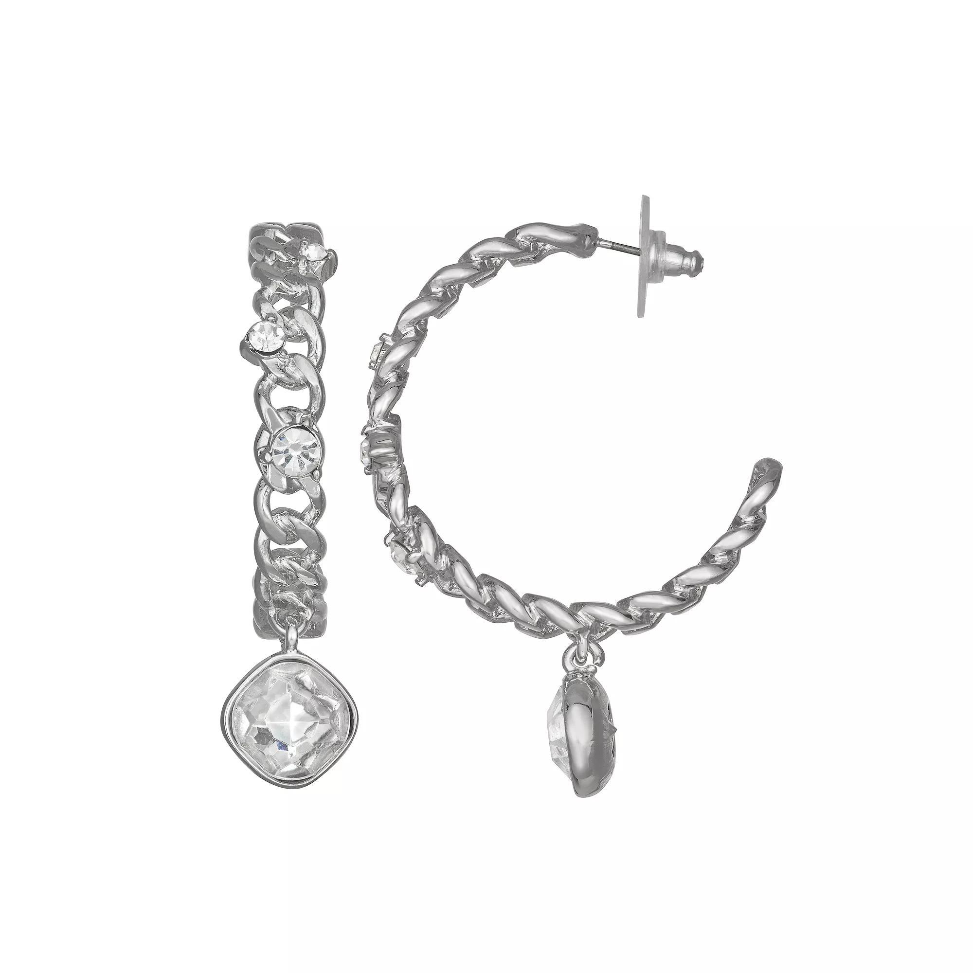 Simply Vera Vera Wang Silver Tone 40mm Chain Stone Hoop Earrings, Women's, Clear Product Image