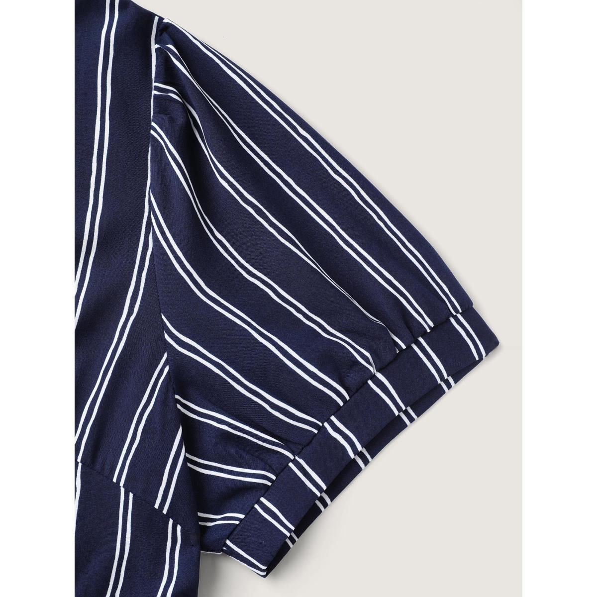Plus Size Striped Waist-Cinched Pockets Midi Dress Indigo Women Pleated Shirt collar Short sleeve Curvy BloomChic 14-16/1X Product Image