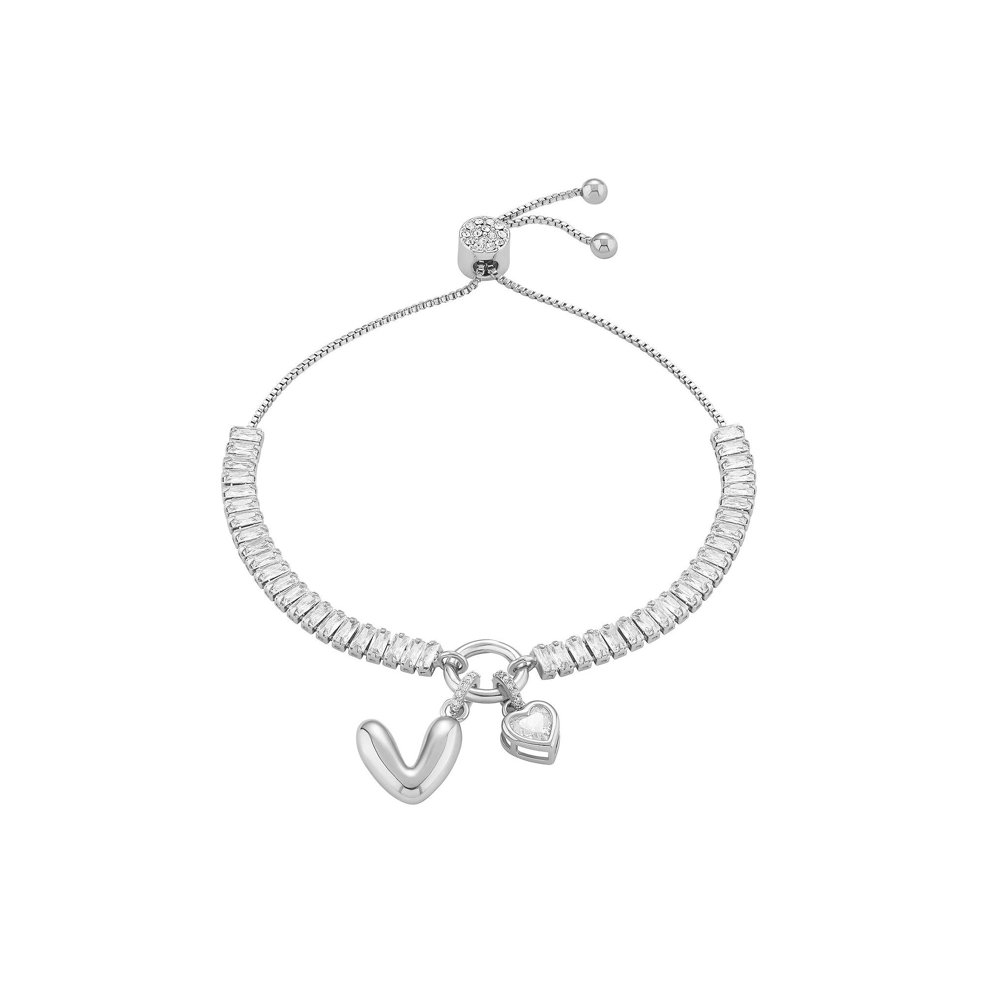 Brilliance Cubic Zirconia Heart & Polished Bubble Initial Charm Adjustable Bracelet, Women's, Size: 4-10" ADJ, Silver Tone V Product Image