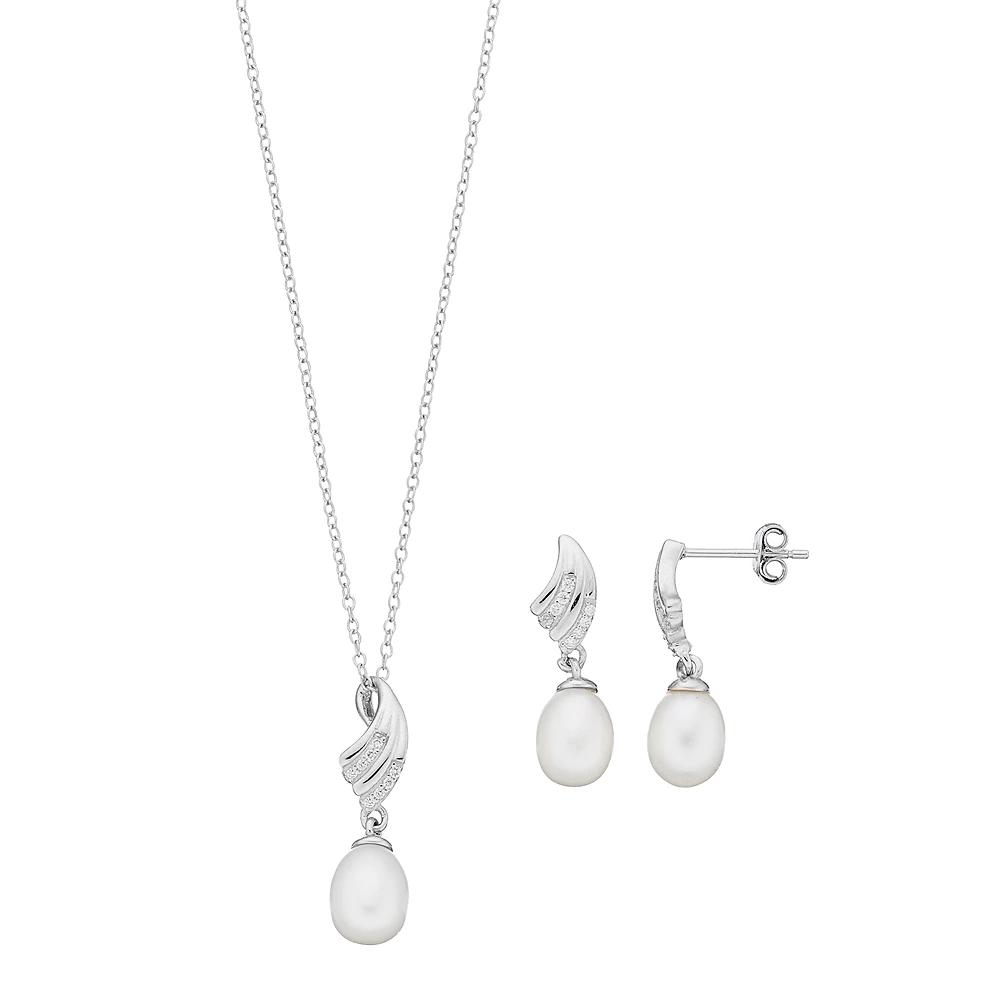Sterling Silver Freshwater Cultured Pearl & Cubic Zirconia Pendant & Drop Earring Set, Women's, Size: 18", Silver Tone Product Image