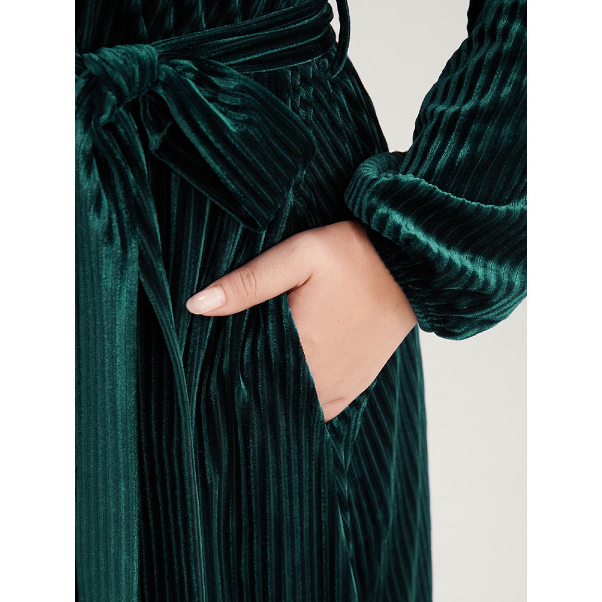 Plus Size Striped Velvet Pocket Lantern Sleeve Belted Wrap Dress DarkGreen Women Glamour Pocket V-neck Long Sleeve Curvy Midi Dress BloomChic 22-24/3X Product Image