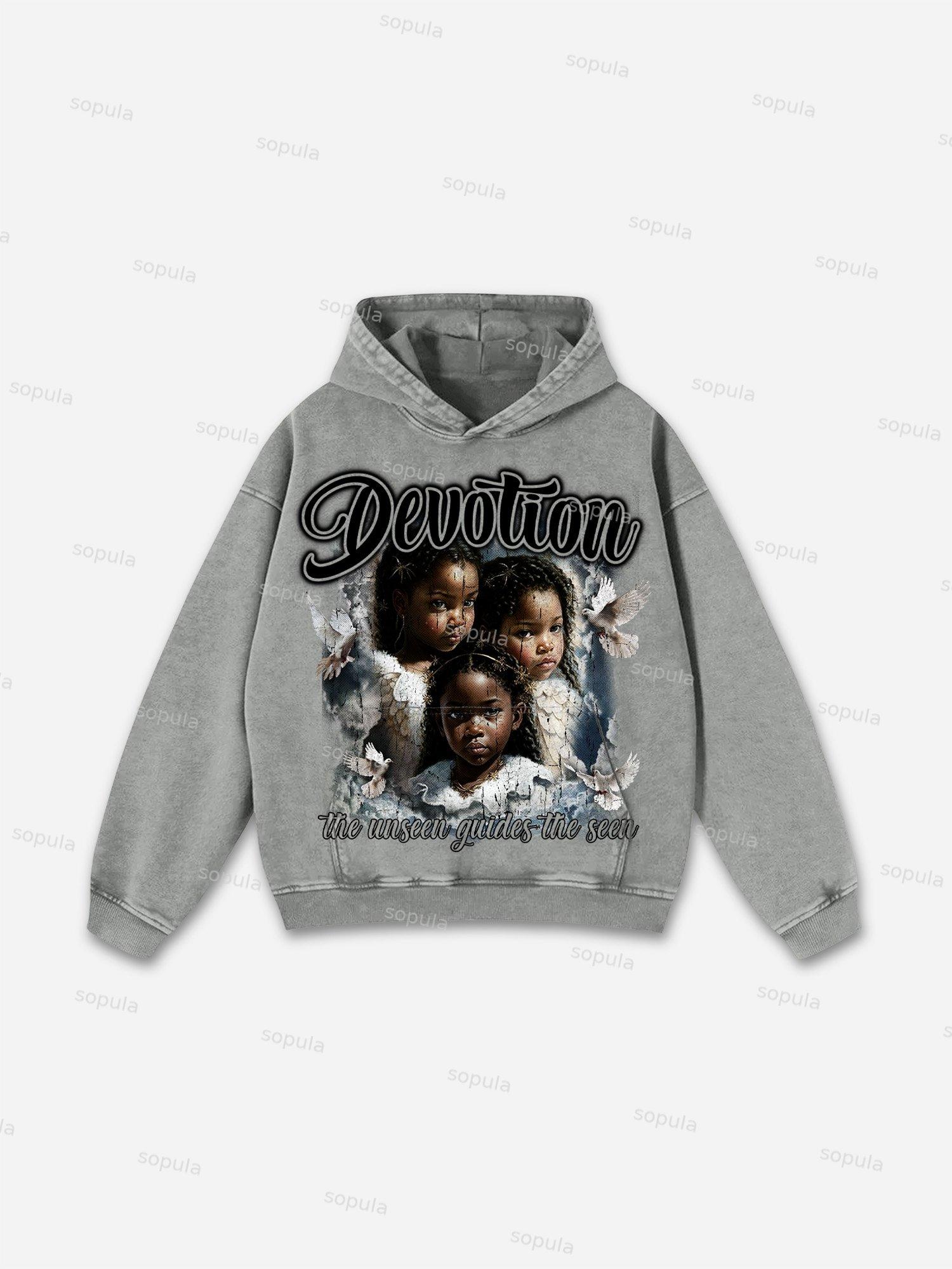 Sopula Vintage Street Portrait Graphic Print Washed Hoodie Product Image