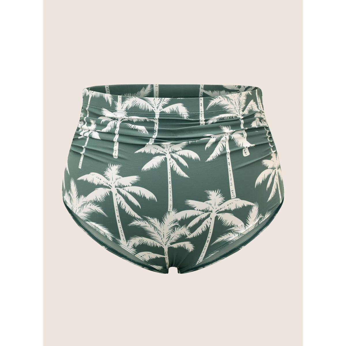 Plus Size Tropical Coconut Tree Ruched Swim Dress Women's Swimwear ArmyGreen Beach Bodycon Heart neckline High stretch Curve Swim Dresses BloomChic 30/6X Product Image