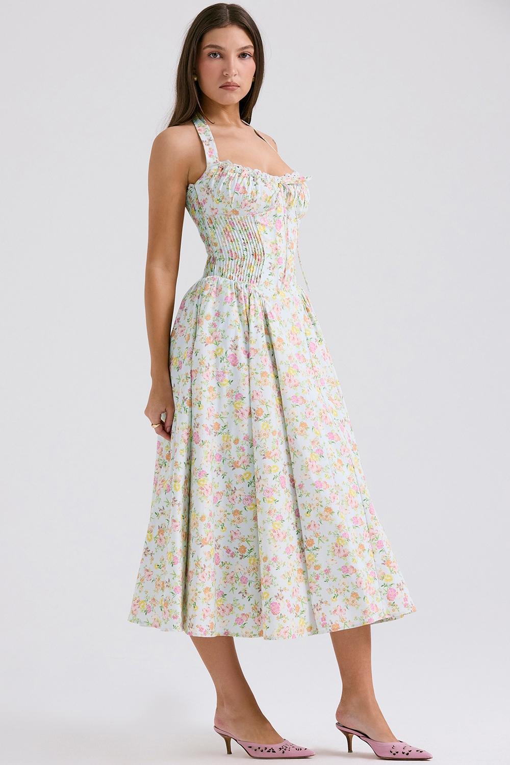 Adabella  pale blue meadow print cotton halter sundress Product Image