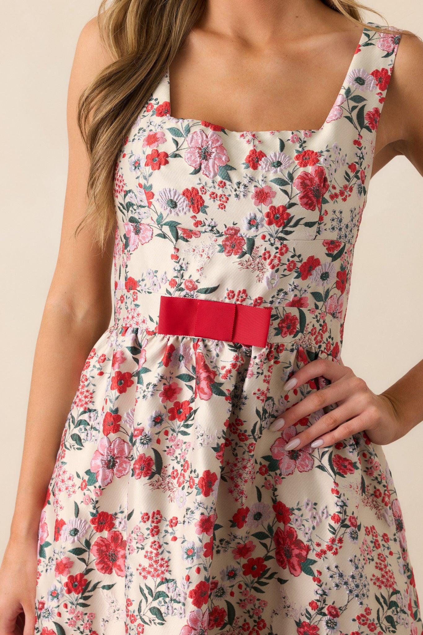 Sunlit Mornings Red Floral Jacquard Midi Dress Product Image