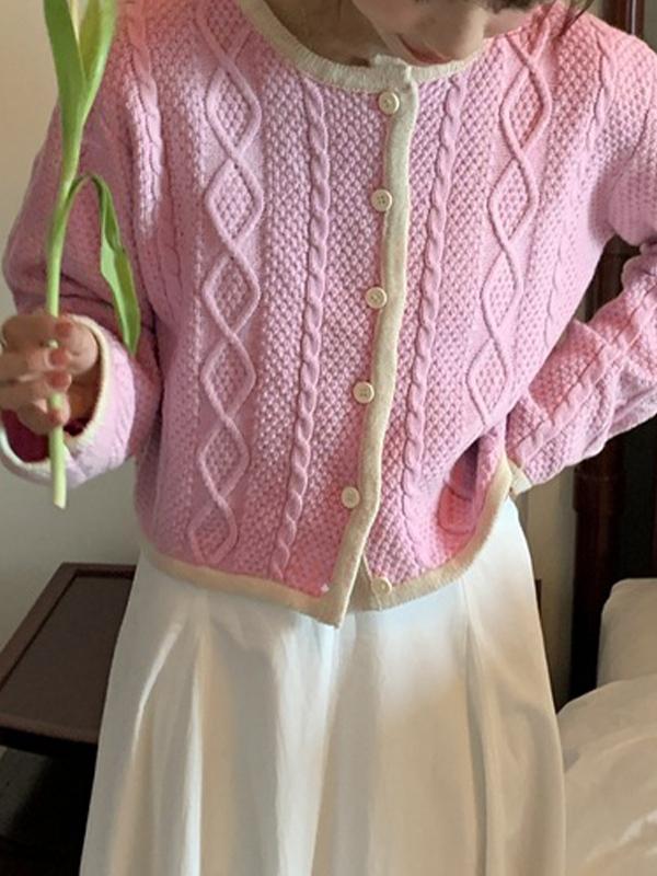 Contrast Color Trim Argyle Cable Knit Cardigan Product Image