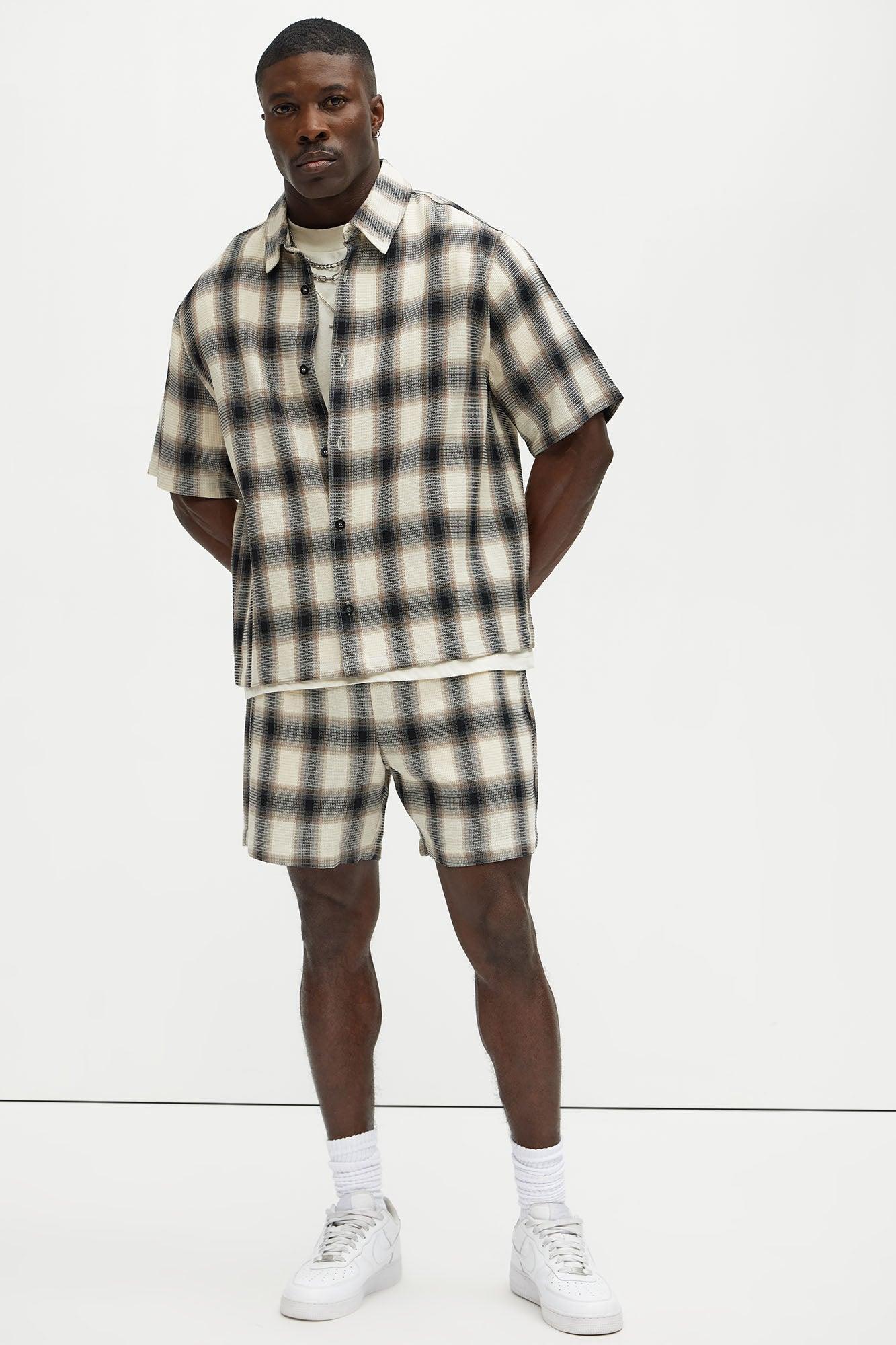 Plaid Waffle Texture Shorts - Black/combo Product Image