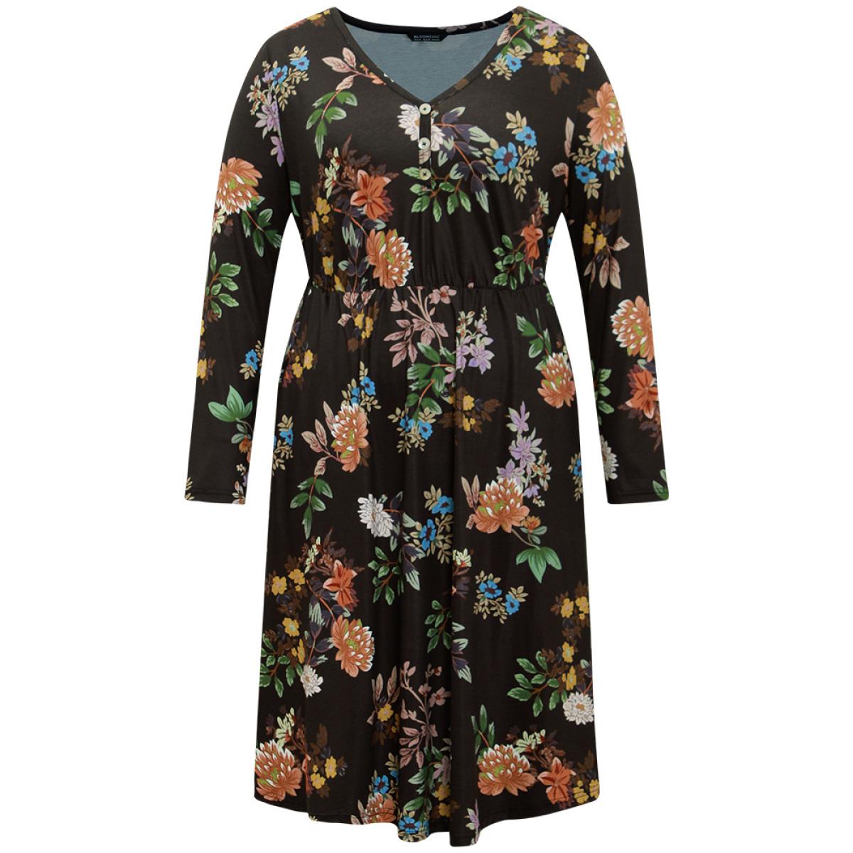 Plus Size Floral Print Button Detail Long Sleeve Midi Dress Black Women Elegant Printed V-neck Long Sleeve Curvy Midi Dress BloomChic 28/5X Product Image