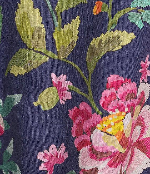 JOHNNY WAS Linen Floral Embroidered Split V-Neck 3/4 Sleeve Blouse Product Image
