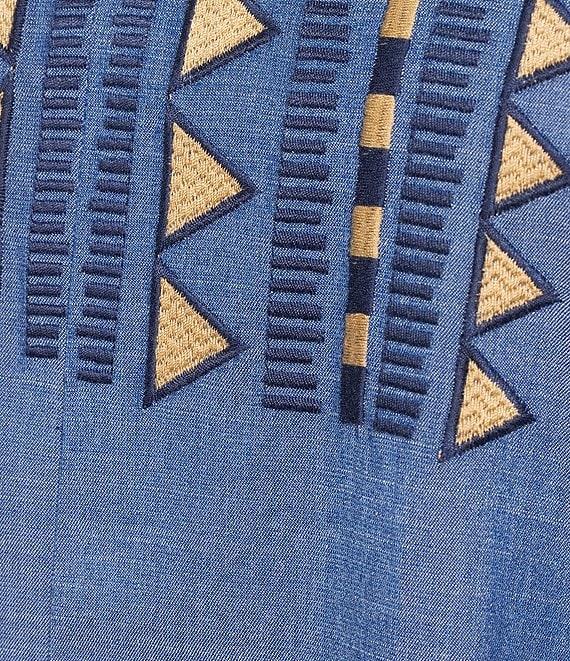 Calessa Plus Size Embroidered Chambray Split V-Neck 3/4 Sleeve Shift Dress Product Image