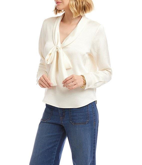 Karen Kane Satin Bow Tie Neck Long Sleeve Blouse Product Image