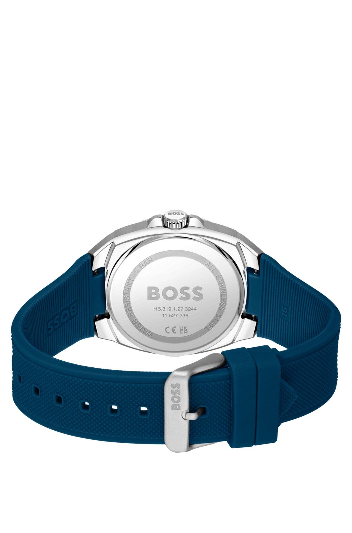 BOSS - Silicone-logo-strap watch with blue guilloché dial Product Image