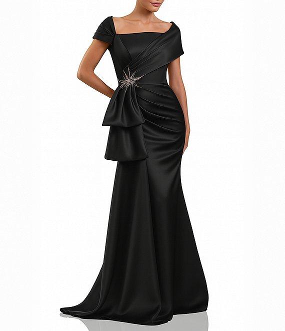 Terani Couture Satin Off The Shoulder Neck Short Sleeve Front Rhinestone Drape Gown Product Image