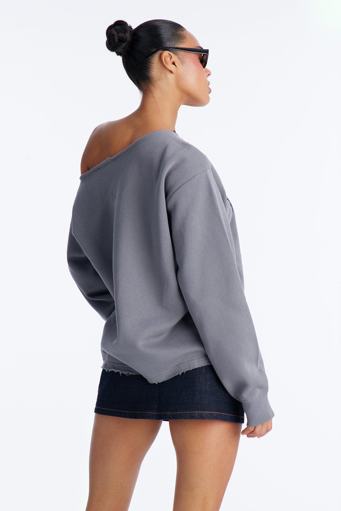 Von Dutch Western Heart Off Shoulder Studded Sweatshirt - Charcoal Female Product Image