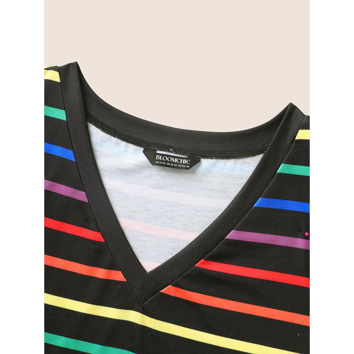 Plus Size V Neck Contrast Striped Stretched T-shirt Multicolor Women Casual Contrast V-neck Everyday T-shirts BloomChic 14-16/1X Product Image