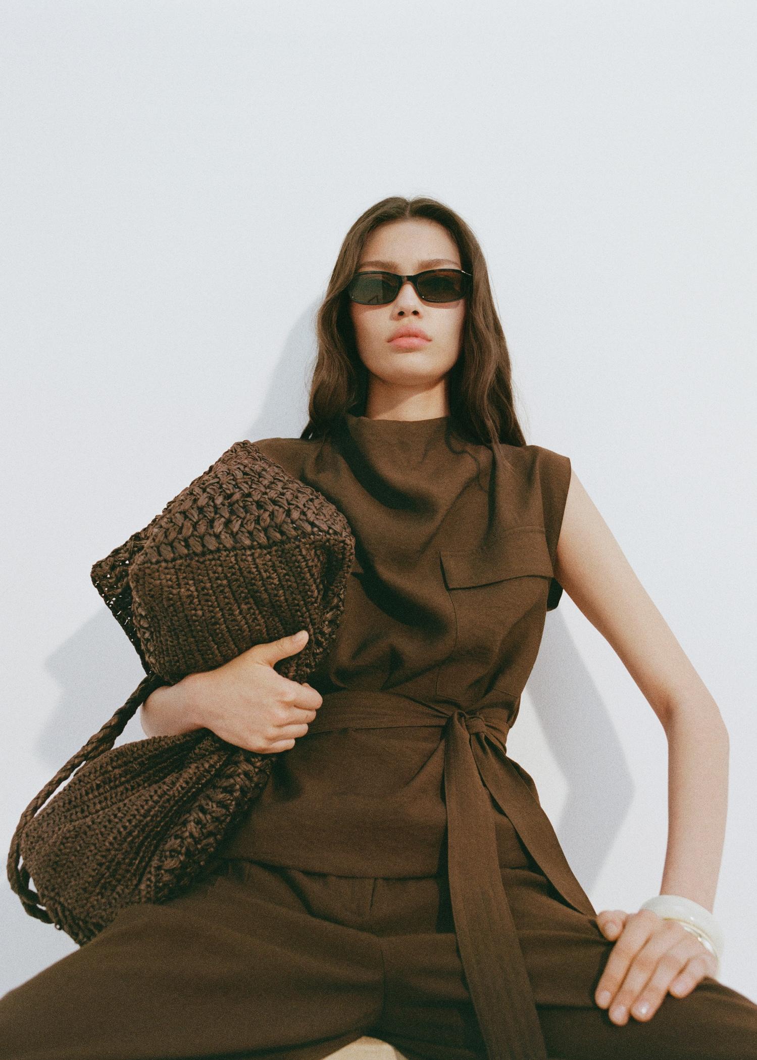 Blouse with draped neck and belt - Women | MANGO USA Product Image