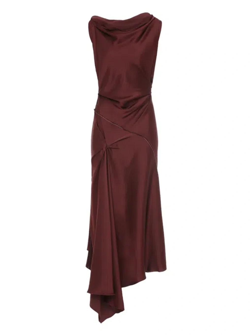 VICTORIA BECKHAM Asymmetric Draped Sleeveless Satin Midi Dress In Burgundy Product Image