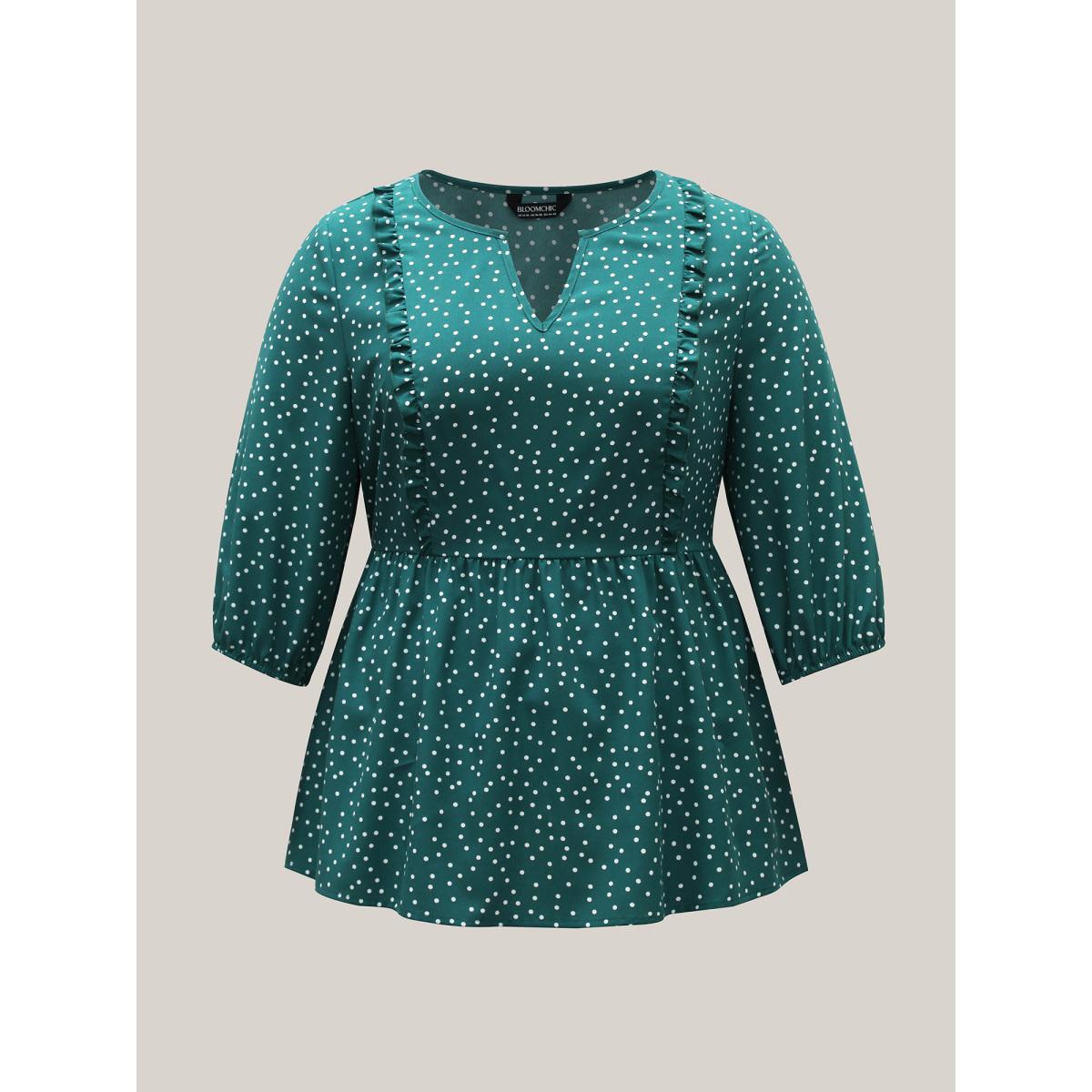 Plus Size Teal Polka Dots Ruffled Edged Stretchy-Waist Shirt Women Elegant Elbow-length sleeve Notched collar Everyday Blouses BloomChic 12/L Product Image