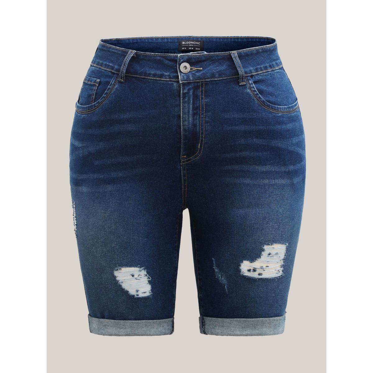 Plus Size Ripped Straight-Leg Denim Shorts Women Denimindigo High stretch Casual Slanted pocket Leisure Denim Shorts BloomChic 22/3X Product Image