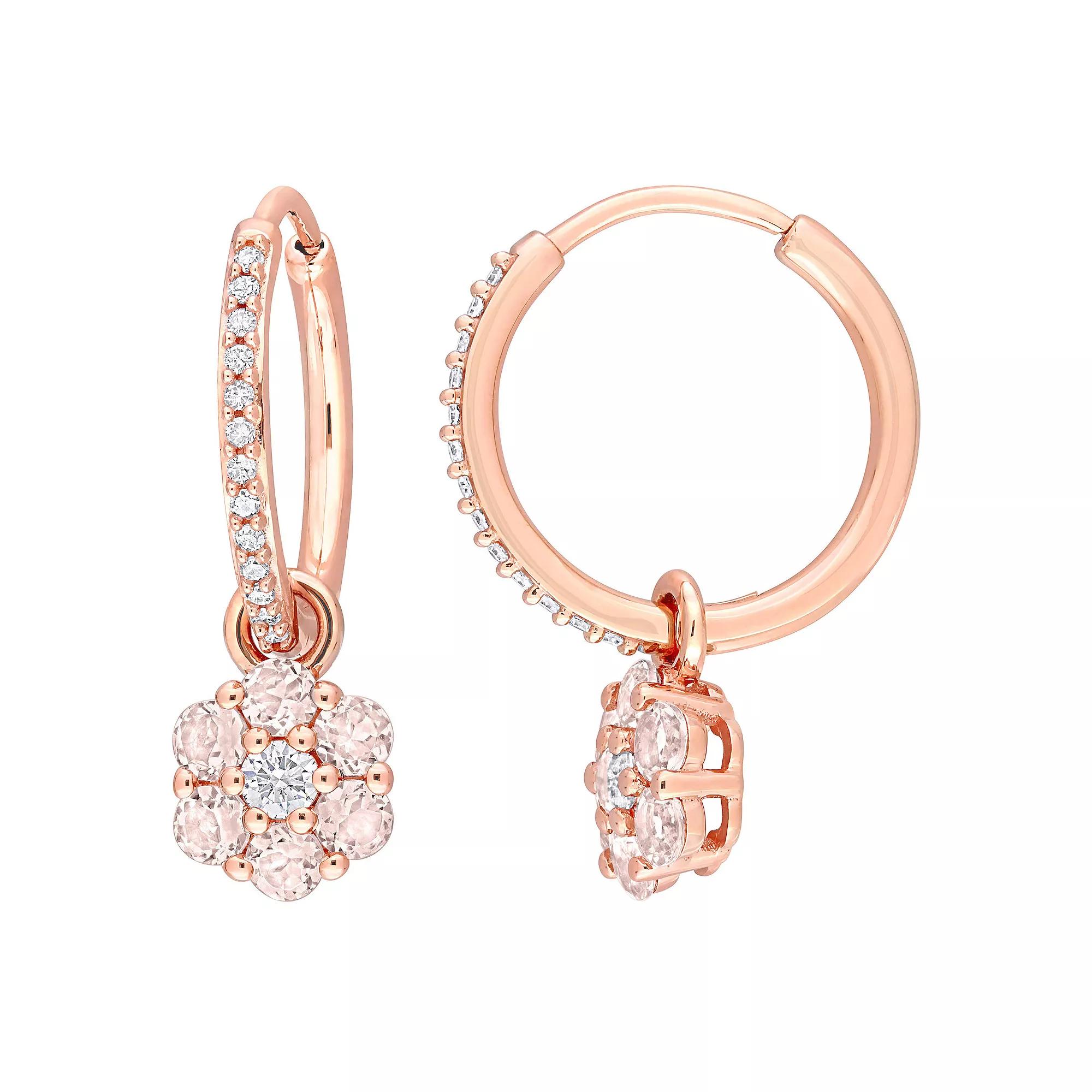 Stella Grace 10k Rose Gold Morganite, White Topaz & 1/8 Carat T.W. Diamond Floral Hoop Earrings, Women's, 10k Rsgold Product Image