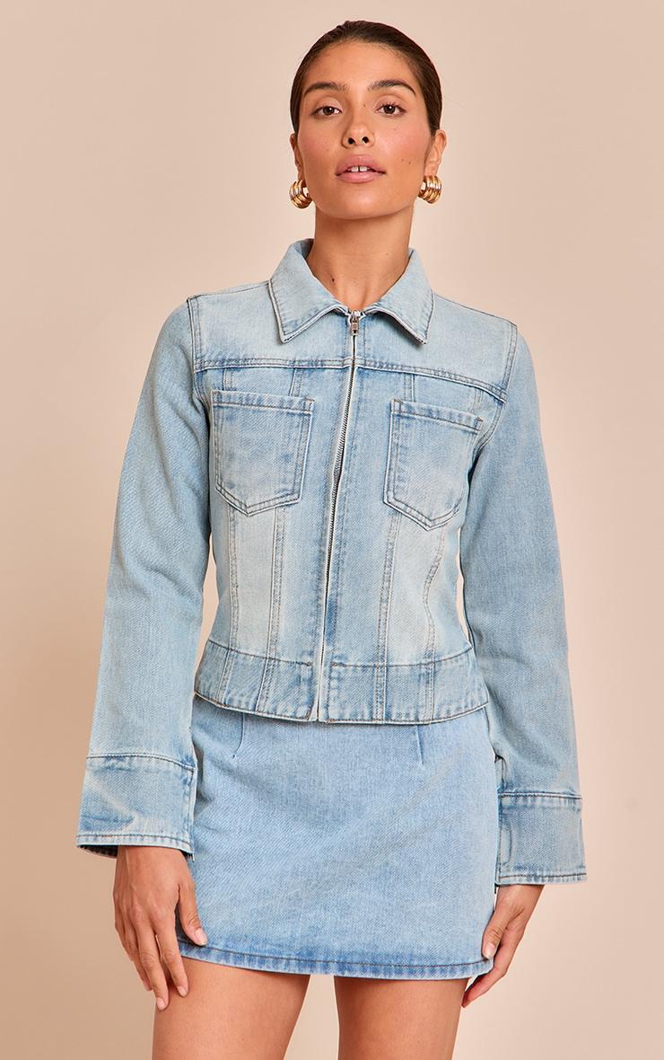 Petite Light Blue Denim Front Zip Fitted Jacket Product Image