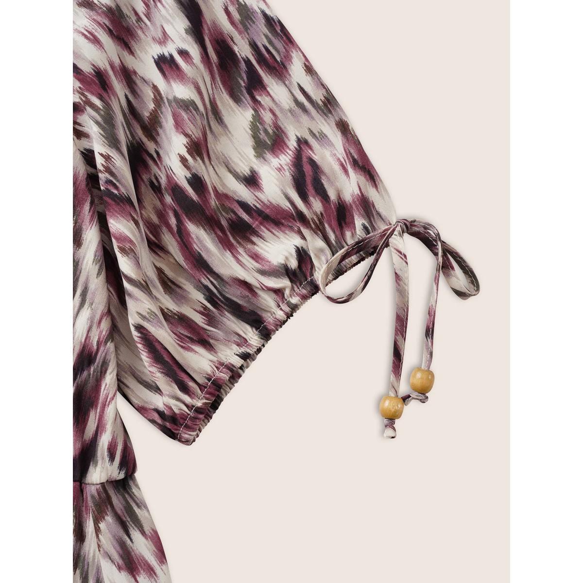 Plus Size Ombre Brush Print Ties Elastic Waist Dress RedViolet Women Elegant Non V-neck Half Sleeve Curvy Midi Dress BloomChic 10/M Product Image