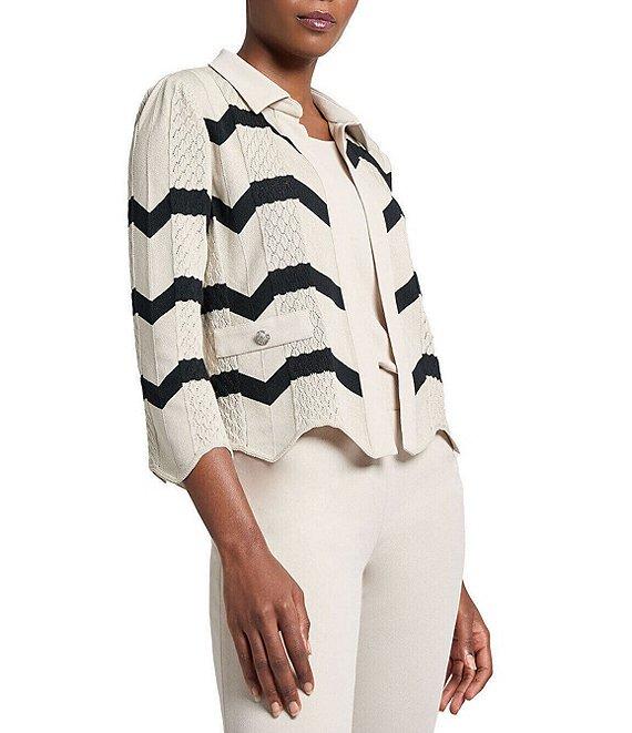Ming Wang Stripe Knit Collar Neck 3/4 Sleeve Scallop Jacket Product Image