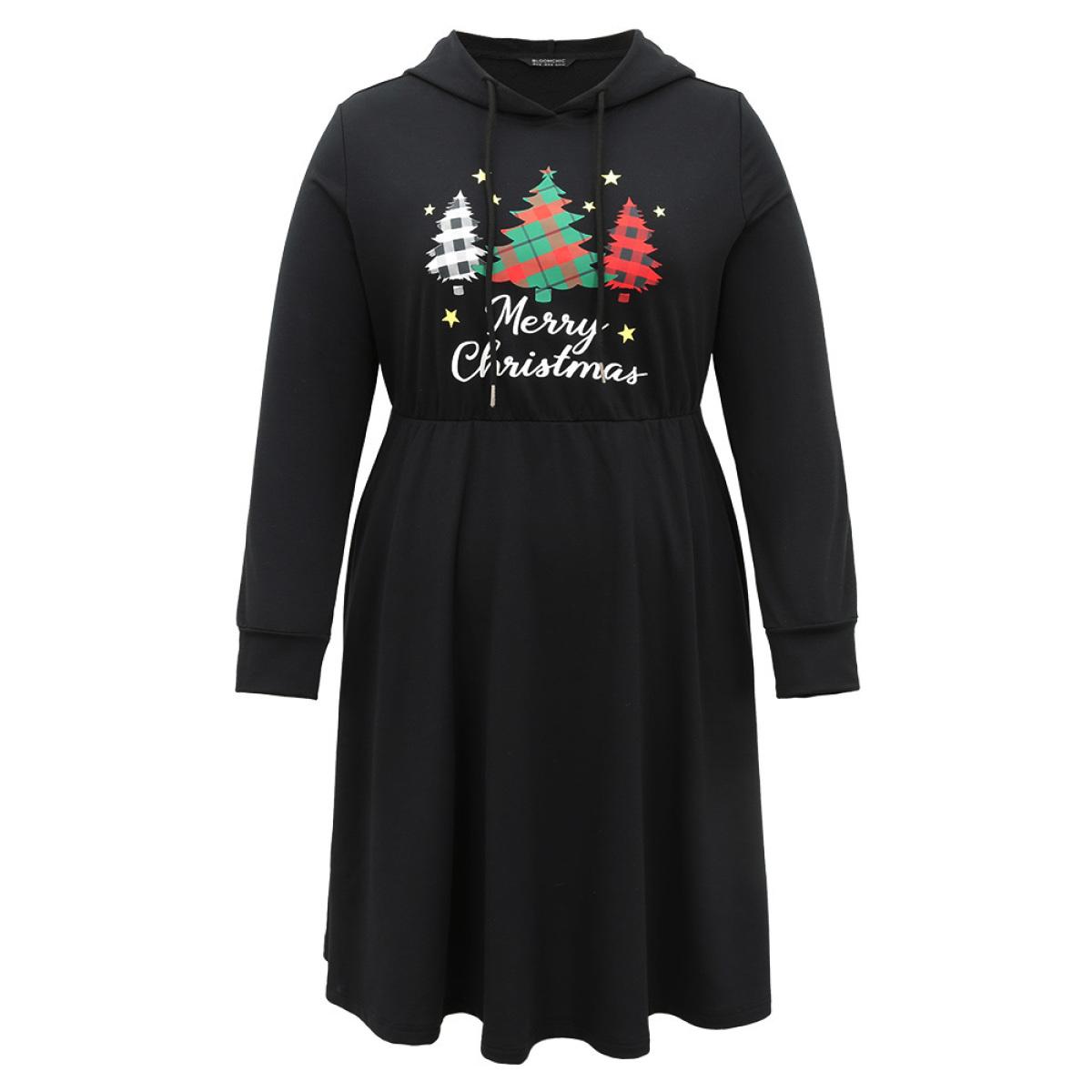 Plus Size Christmas Trees & Letter Hooded Drawstring Dress Black Women Casual Plain Curvy Midi Dress BloomChic 12/L Product Image