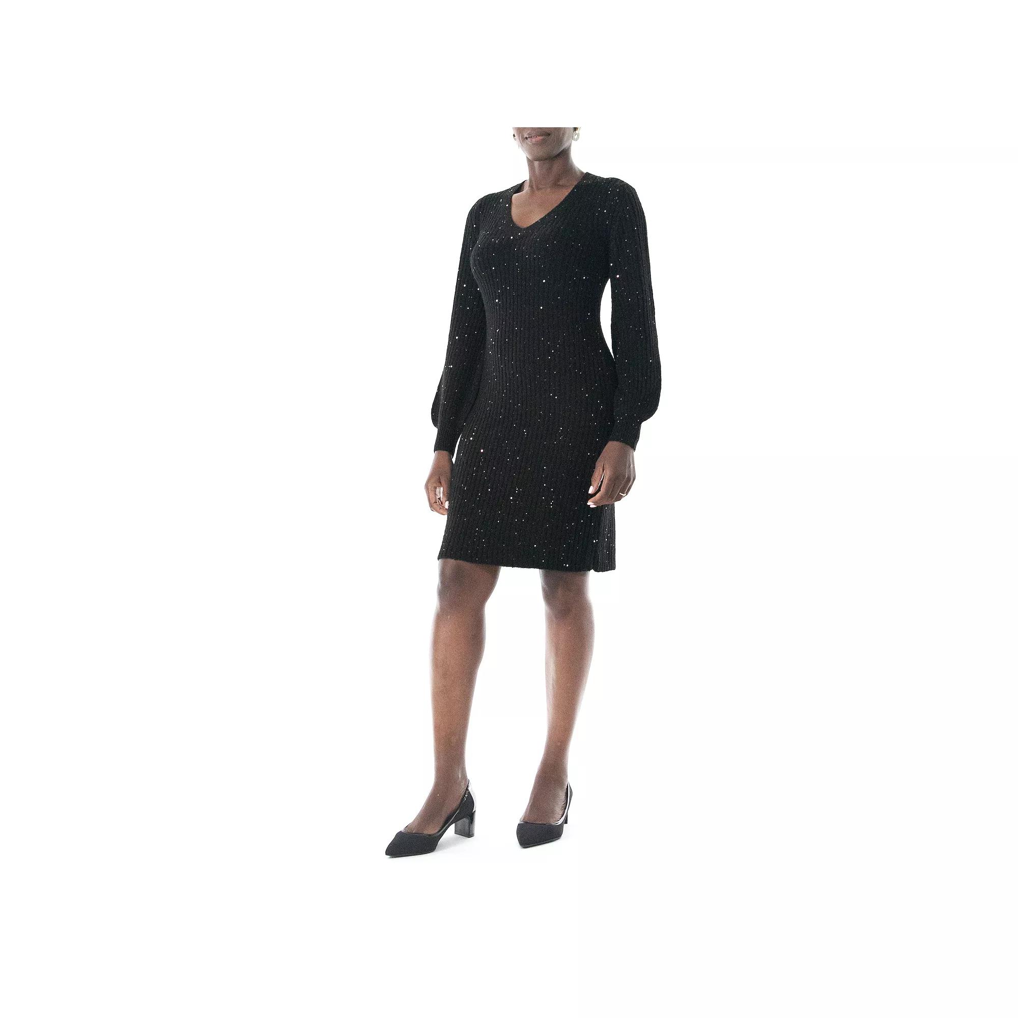 Women's Nina Leonard Sequin Sweater Dress, Size: Large, Black Product Image