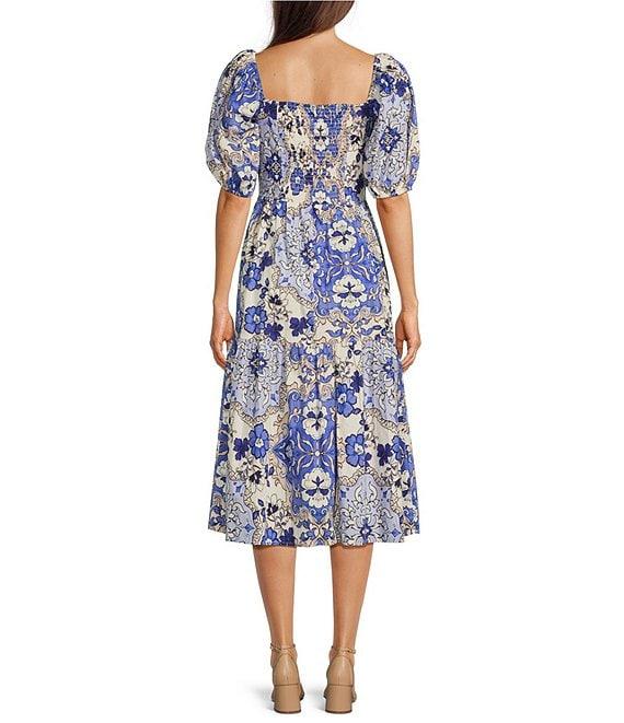 Vince Camuto Floral Print Square Neck Short Puff Sleeve A-Line Midi Dress Product Image