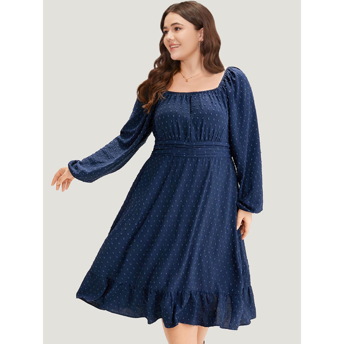 Plus Size Polka Dot Square Neck Lantern Sleeve Shirred Dress Navy Women Elegant Elastic cuffs Square Neck Long Sleeve Curvy Midi Dress BloomChic 22-24/3X Product Image