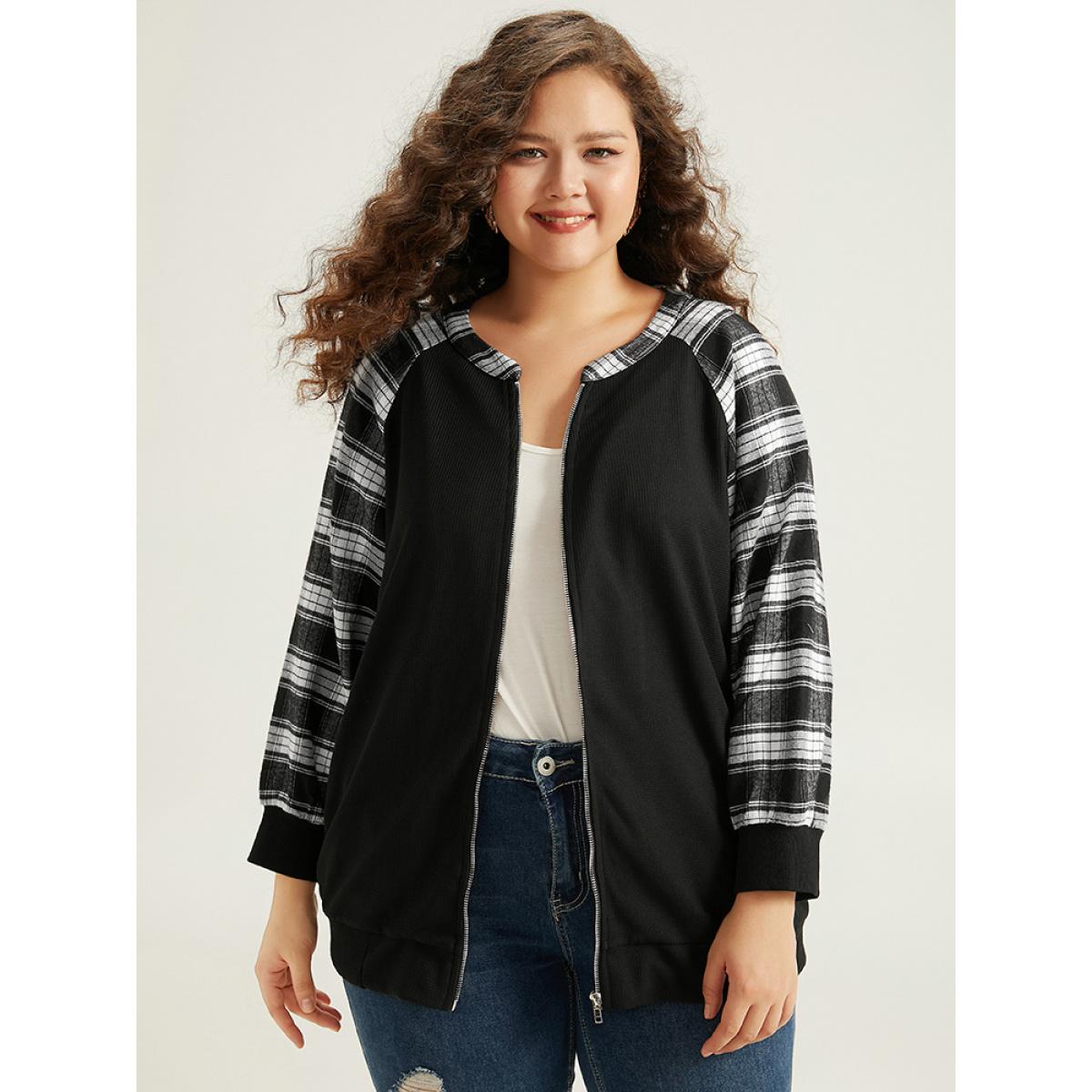 Plus Size Plaid Patchwork Pocket Zipper Fly Jacket Women Black Elastic cuffs Pocket Dailywear Jackets BloomChic 14-16/1X Product Image